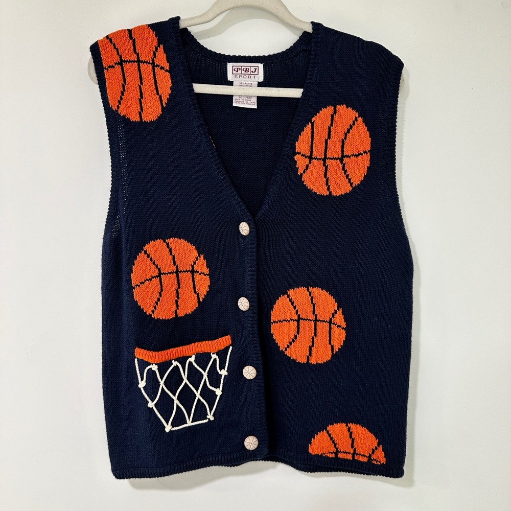 PBJ Sport Basketball Knit Cardigan Vest Womens Medium Navy Blue Hoop Pocket